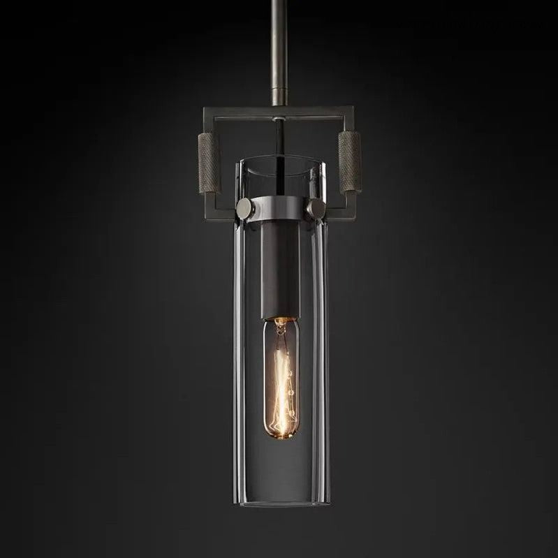 Industrial Glass Cylinder Hanging Light Fixture with Metal Frame & Edison Bulb for Kitchen Island Dining Room