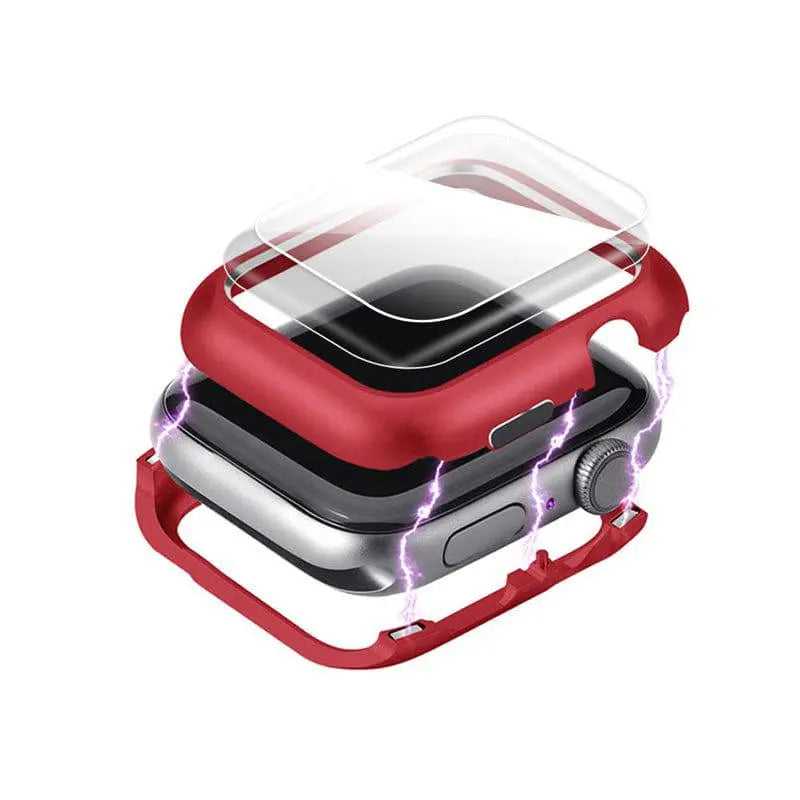 Armored Tempered Glass Watch Shield with Metal-Look Bumper Cover for Apple Watch 38mm-44mm Series 1-6