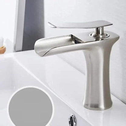 Deck-Mount Bathroom Faucet with Single Lever Control in Polished Metallic Finish for Sink | Contemporary Waterfall Spout Fixture | Easy Inst