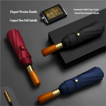 Windproof Auto-Open Compact Umbrella with Wood Grip for Rain & Travel – Large Canopy Folding Design for Golf, Commute & Everyday Storm