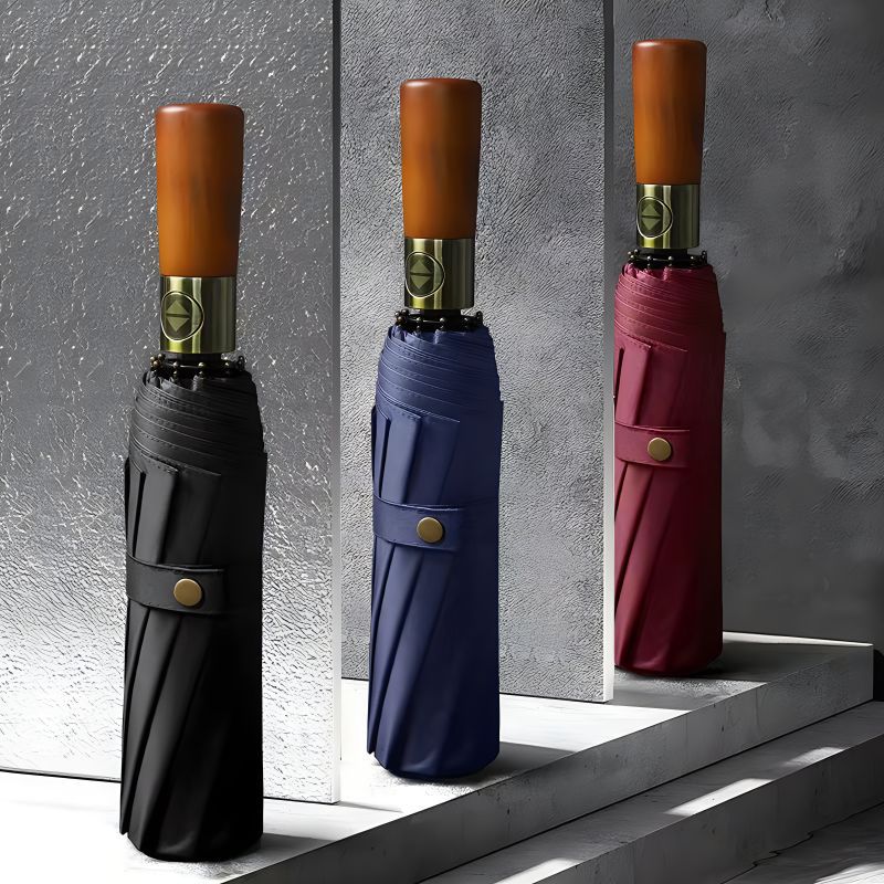 Windproof Auto-Open Compact Umbrella with Wood Grip for Rain & Travel – Large Canopy Folding Design for Golf, Commute & Everyday Storm