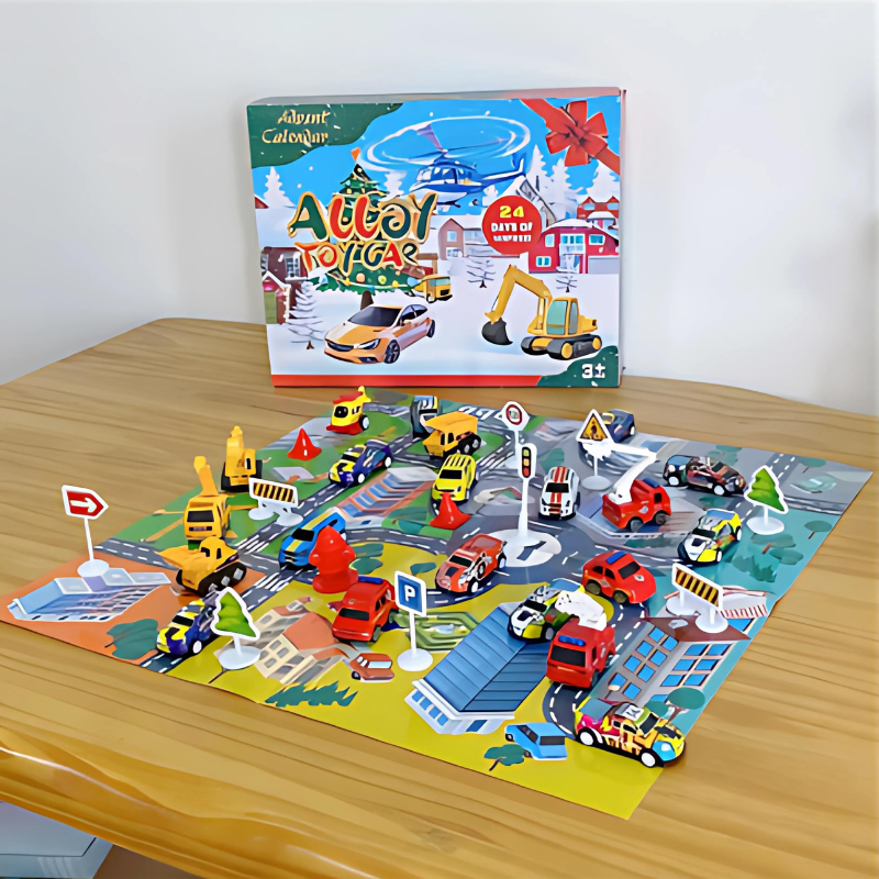 Holiday Countdown Calendar 24 Mini Vehicles Daily Reveal December Surprise Box Kids 10 in Multi-Theme Play Set Christmas Gift Children Toy