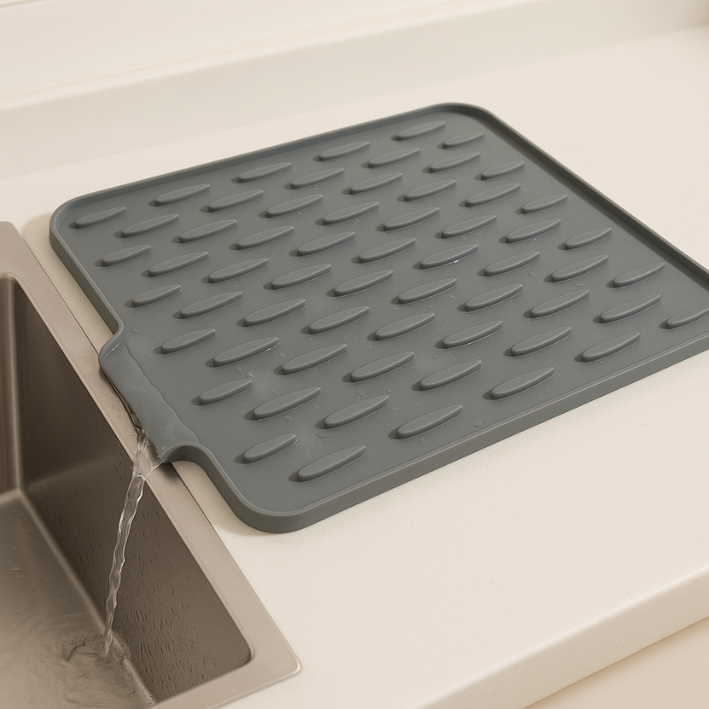 Silicone Dish Drying Mat with Drainage Channels – Heat Resistant Countertop Protector for Kitchen Sink, Dishwasher Safe Roll Up Design