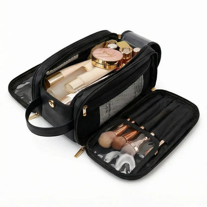 Travel Makeup Organizer Bag with Brush Covers, Flat-Lay Design, 25+ Item Capacity for Cosmetics & Skincare