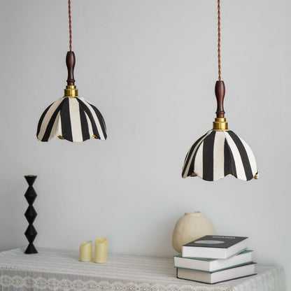 Hanging Ceiling Light with Tulip-Style Striped Shade 7.9 in Diameter Adjustable Wood Accent for Kitchen Dining Room Reading Nook Breakfast A