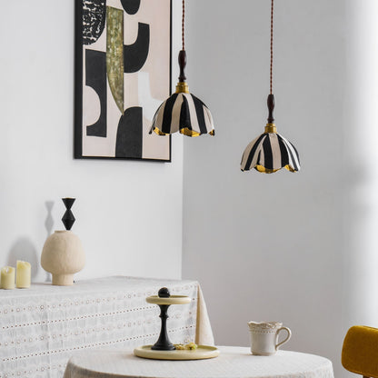 Hanging Ceiling Light with Tulip-Style Striped Shade 7.9 in Diameter Adjustable Wood Accent for Kitchen Dining Room Reading Nook Breakfast A