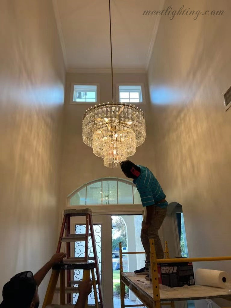 Five-Tier Crystal Chandelier 61 in Diameter 17-Light Statement Ceiling Fixture for Living Room Dining Room Foyer Entryway Hotel Lobby