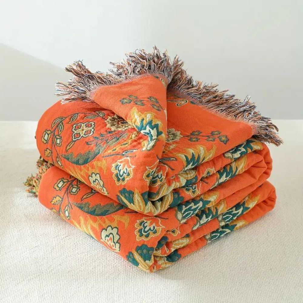 Marigold Throw Blanket - Reversible Cotton, Floral Design