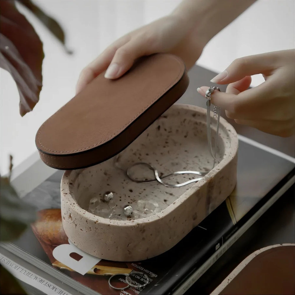 Marlo Jewelry Box for Women - Natural Travertine Stone with Leather Lid
