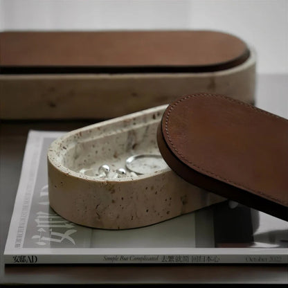 Marlo Jewelry Box for Women - Natural Travertine Stone with Leather Lid