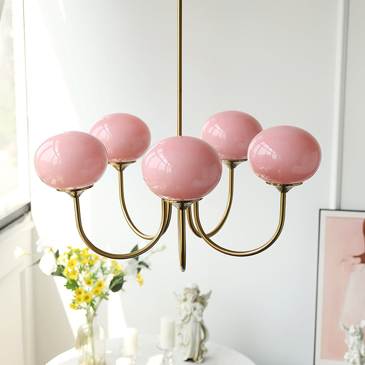 Multi-Globe Pendant Light Fixture Pink Frosted Glass Metal Frame Dining Room Overhead Lighting Statement Centerpiece for Living Room Entrywa