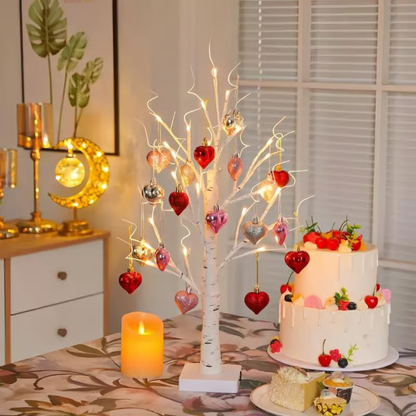 Illuminated Birch Tree Lamp with 18 Heart Ornaments – Battery or USB Powered Light for Bedroom, Living Room & Office
