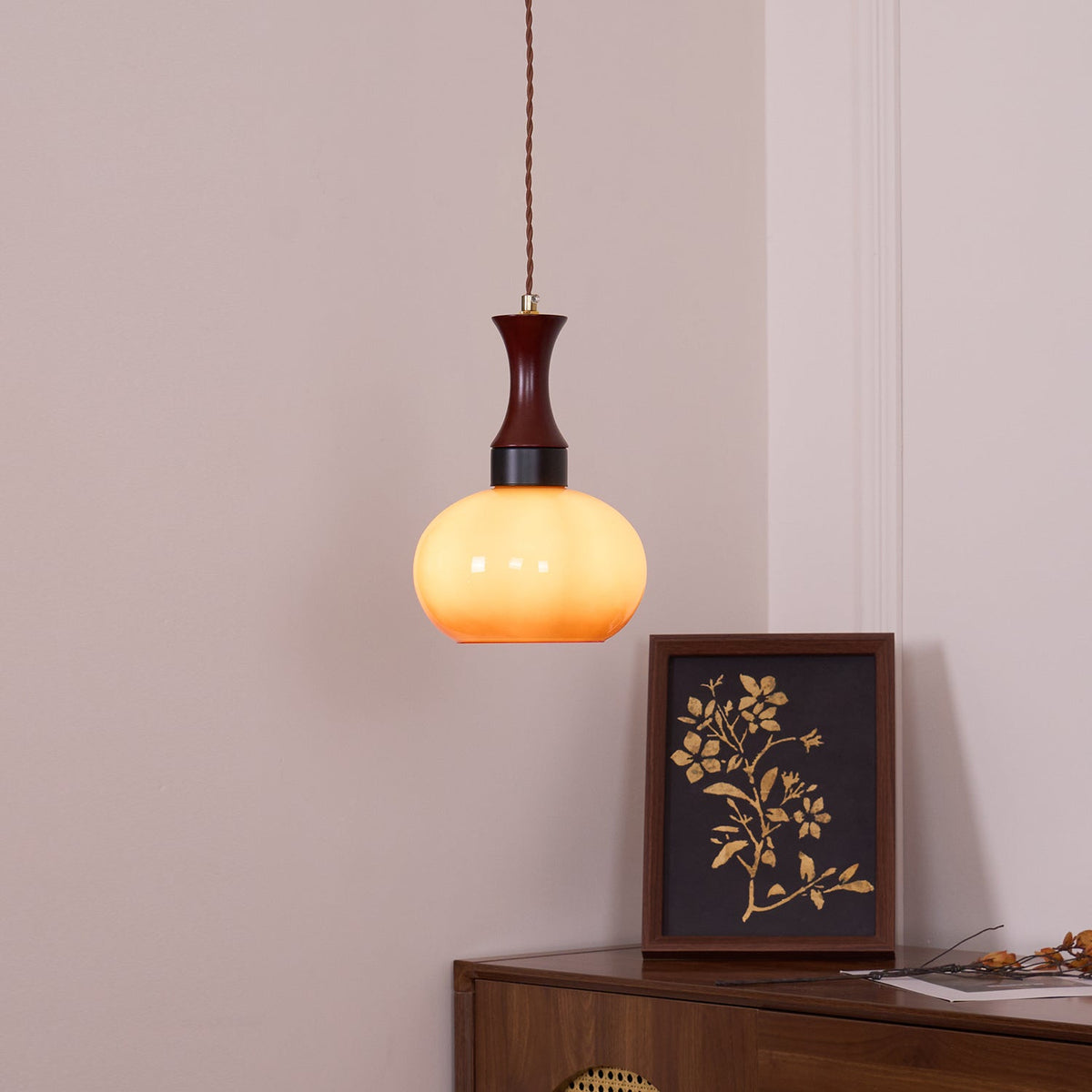Hanging Light Fixture with Amber Glass Shade 7 Inch Diameter Adjustable Cord for Kitchen Islands Dining Tables Breakfast Bars Modern Farmhou