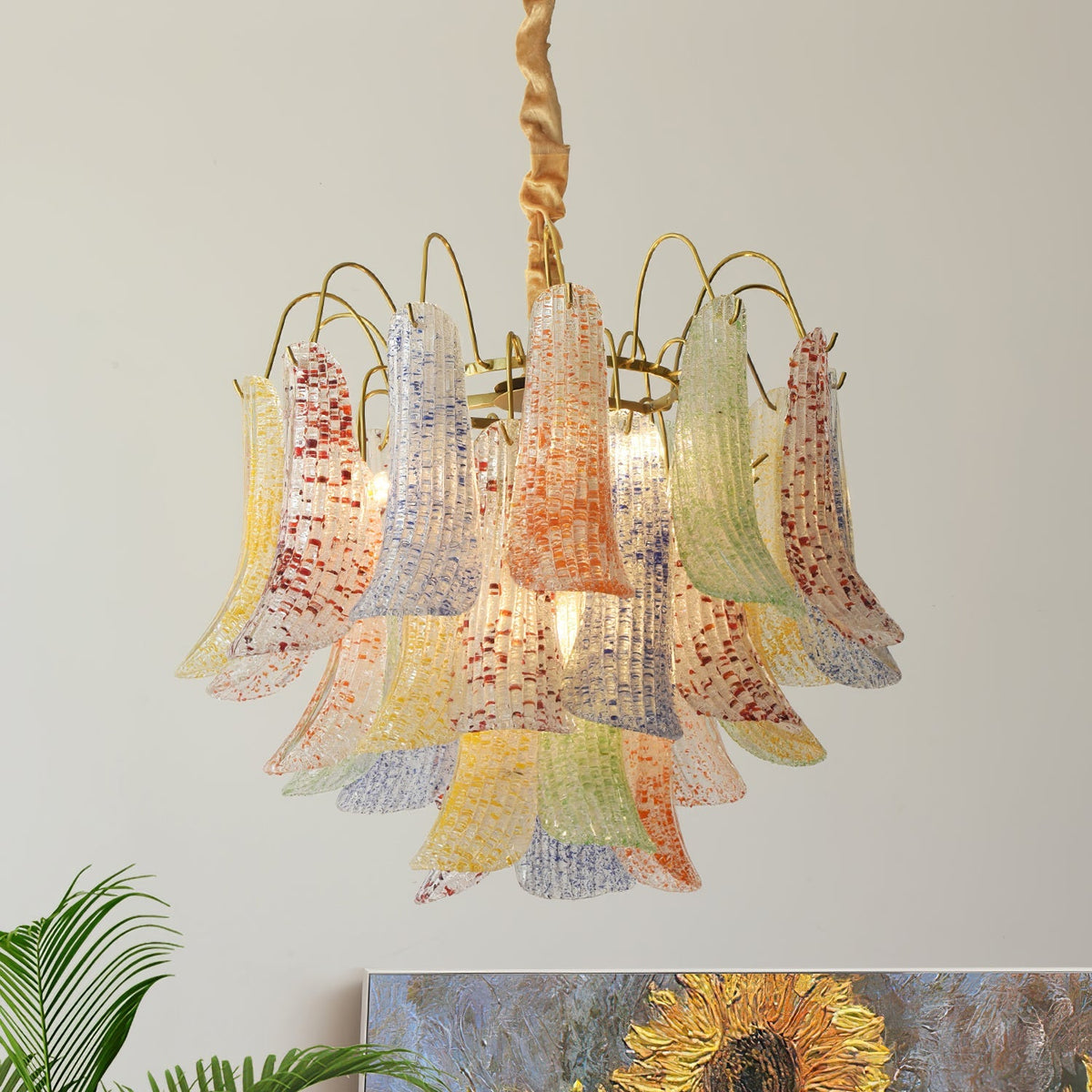 Hand-Blown Art Glass Chandelier Multi-Bulb Pendant Light Fixture Vibrant Colors Dining Room Living Room Statement Lighting 20-24 inch Diamet