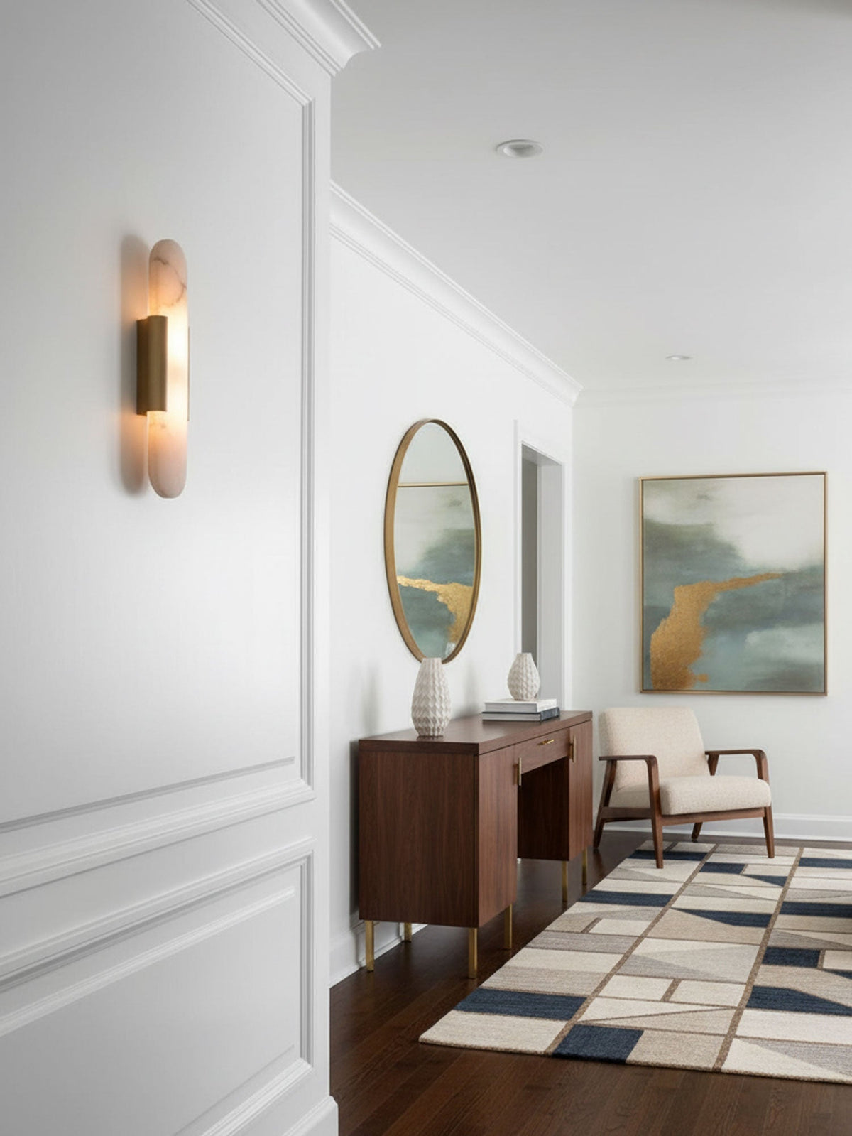 Handcrafted Alabaster Sconce with Brass Accent 14 in Wall Light for Bedroom Hallway Living Room Indoor Fixture G4 LED Modern Elongated Stone