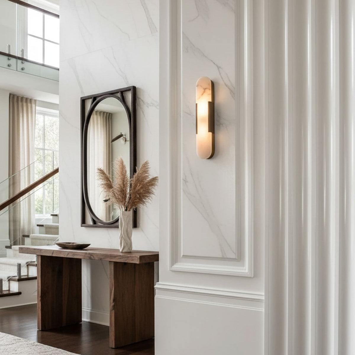 Handcrafted Alabaster Sconce with Brass Accent 14 in Wall Light for Bedroom Hallway Living Room Indoor Fixture G4 LED Modern Elongated Stone
