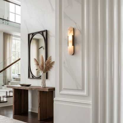 Handcrafted Alabaster Sconce with Brass Accent 14 in Wall Light for Bedroom Hallway Living Room Indoor Fixture G4 LED Modern Elongated Stone