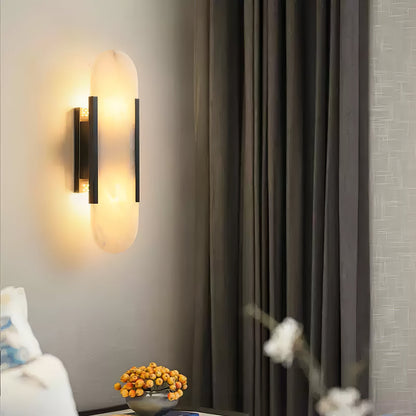 Handcrafted Alabaster Sconce with Brass Accent 14 in Wall Light for Bedroom Hallway Living Room Indoor Fixture G4 LED Modern Elongated Stone