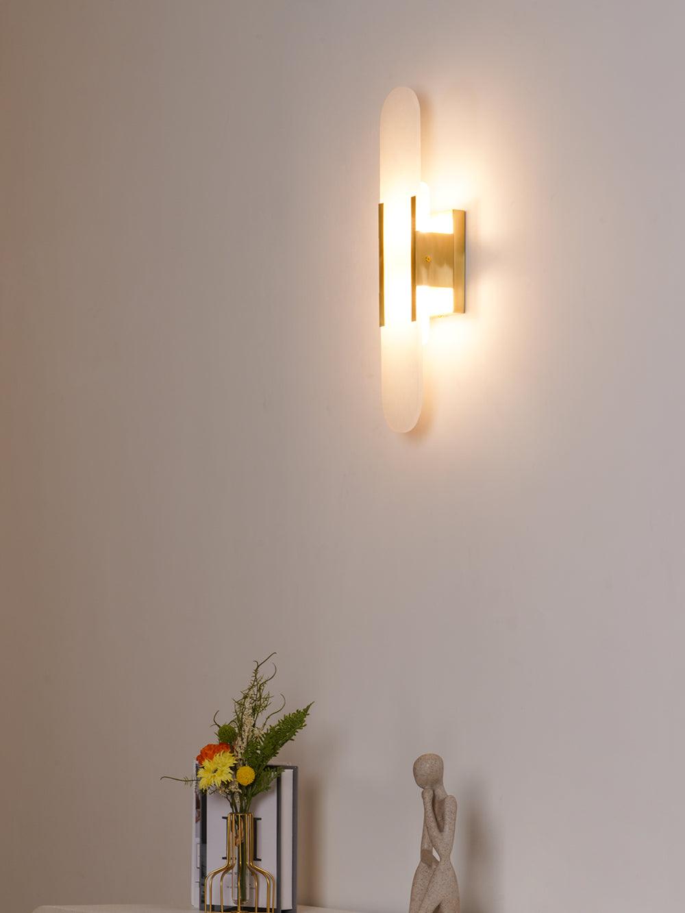 Handcrafted Alabaster Sconce with Brass Accent 14 in Wall Light for Bedroom Hallway Living Room Indoor Fixture G4 LED Modern Elongated Stone