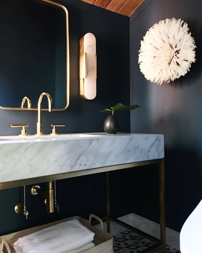 Handcrafted Alabaster Sconce with Brass Accent 14 in Wall Light for Bedroom Hallway Living Room Indoor Fixture G4 LED Modern Elongated Stone