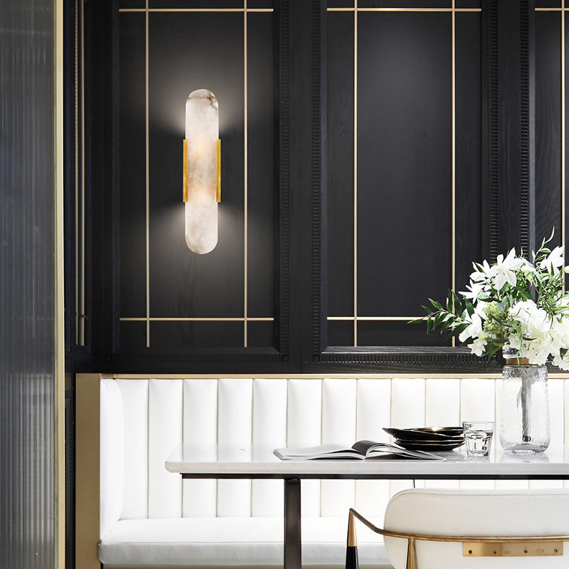 Handcrafted Alabaster Sconce with Brass Accent 14 in Wall Light for Bedroom Hallway Living Room Indoor Fixture G4 LED Modern Elongated Stone