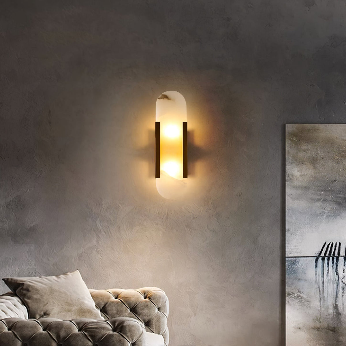 Handcrafted Alabaster Sconce with Brass Accent 14 in Wall Light for Bedroom Hallway Living Room Indoor Fixture G4 LED Modern Elongated Stone