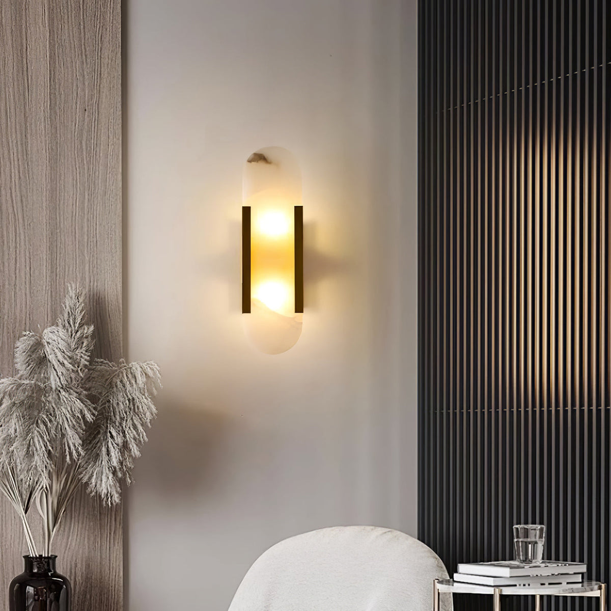 Handcrafted Alabaster Sconce with Brass Accent 14 in Wall Light for Bedroom Hallway Living Room Indoor Fixture G4 LED Modern Elongated Stone