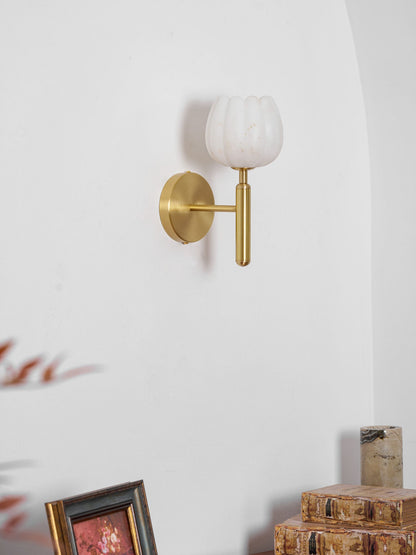 LED Wall Sconce with Alabaster Shade Brass Finish 12 in Indoor Accent Light for Bedroom Hallway Living Room Modern Floral Design E12 Base 15