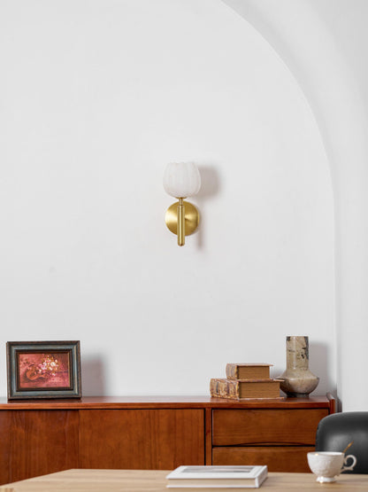 LED Wall Sconce with Alabaster Shade Brass Finish 12 in Indoor Accent Light for Bedroom Hallway Living Room Modern Floral Design E12 Base 15