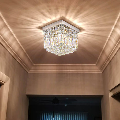 Compact Crystal Ceiling Light Chrome Finish Flush Mount Square Design for Hallway Bedroom Kitchen Entry