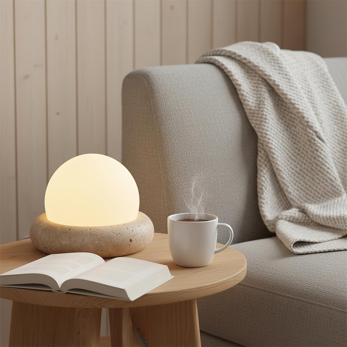 Rechargeable LED Accent Lamp Natural Stone Base Frosted Shade Wireless Remote Three Color Settings Bedroom Nightstand Desk Living Room Cordl
