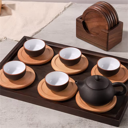 Minimalist Japanese Coaster Set – 6 Walnut and Beech Coasters with Holder for Home Decor