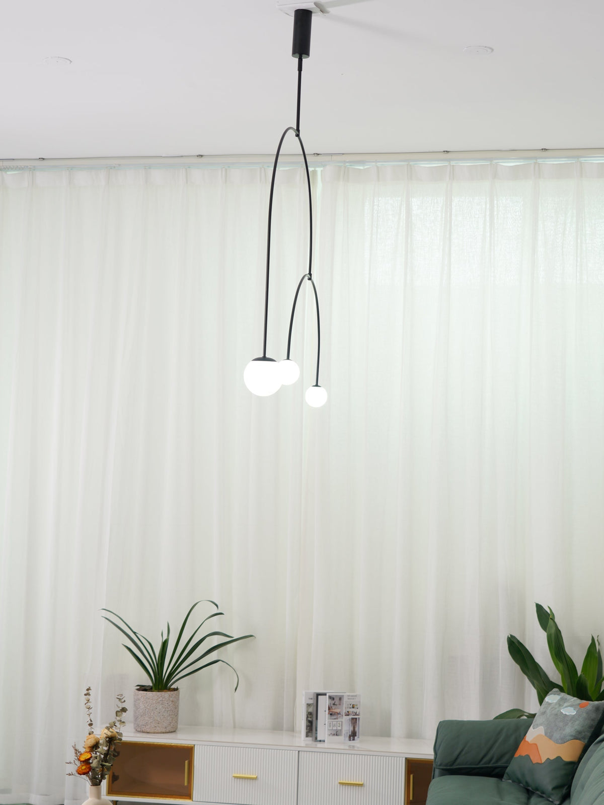 Sculptural Ceiling Light with Opaline Glass Diffusers Black & Brass Finish Multi-Arm Design for Dining Room Entryway Modern Overhead Fixture