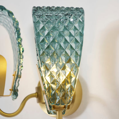 Vintage Brass and Blue Glass Wall Sconce for Bedroom Hallway Living Room – Elegant Decorative 2-Light or 3-Light Fixture with Diamond Textur