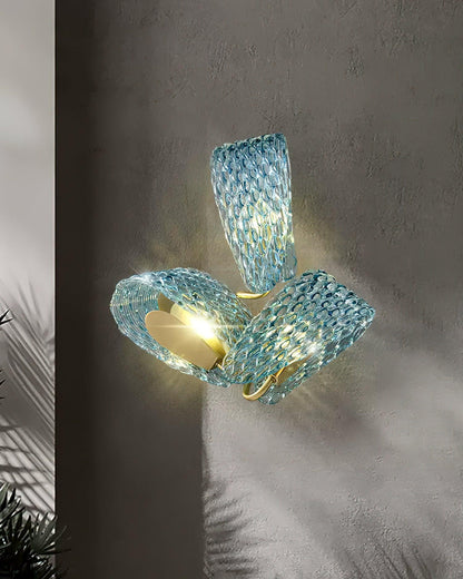 Vintage Brass and Blue Glass Wall Sconce for Bedroom Hallway Living Room – Elegant Decorative 2-Light or 3-Light Fixture with Diamond Textur