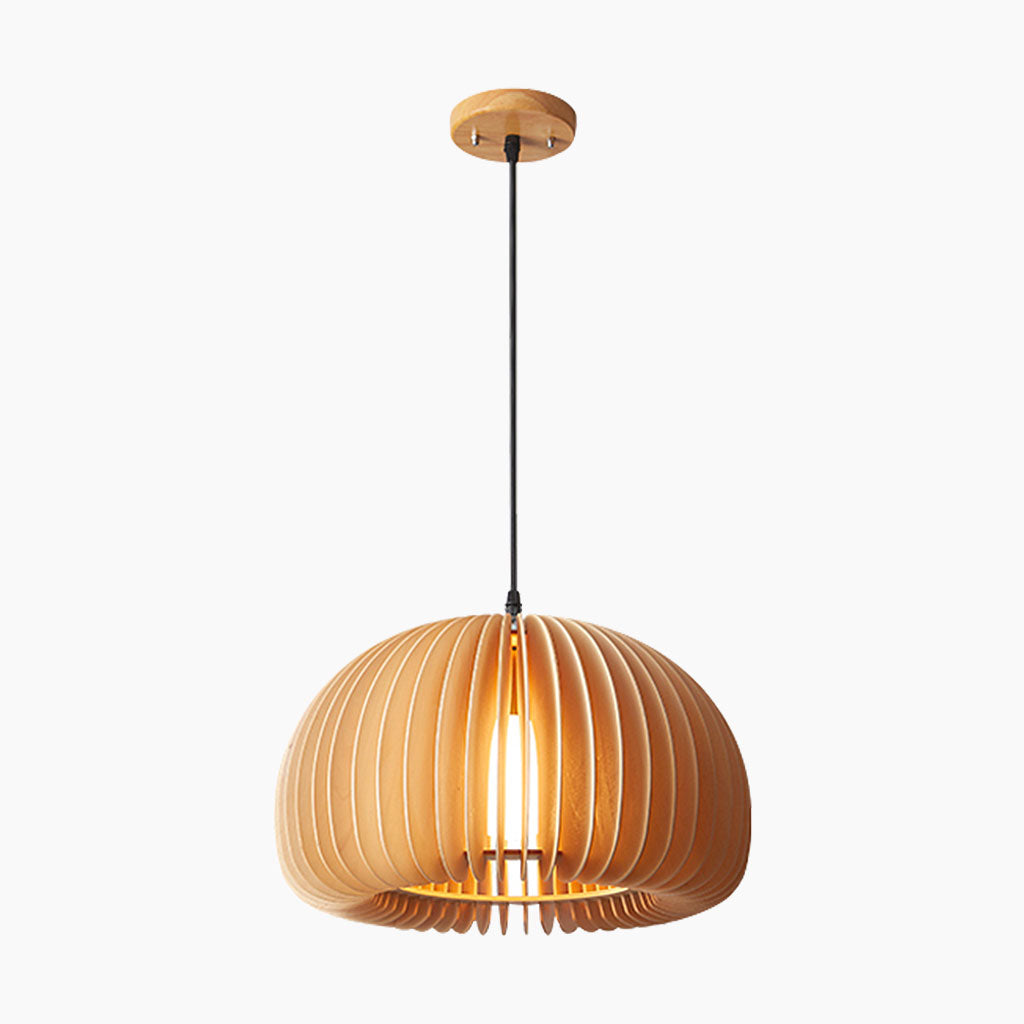 Wooden Ceiling Lamp Natural Finish 14 Inch Hanging Light for Dining Tables Kitchen Islands Living Areas Adjustable Color Temperature E26 Bas