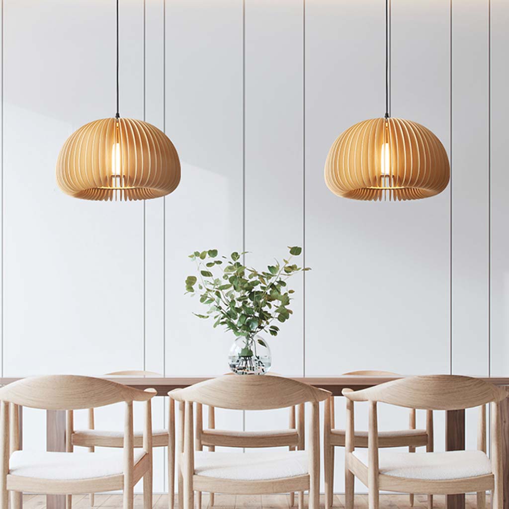 Wooden Ceiling Lamp Natural Finish 14 Inch Hanging Light for Dining Tables Kitchen Islands Living Areas Adjustable Color Temperature E26 Bas