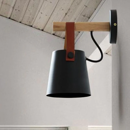 Industrial Sconce with Adjustable Cone Shade & Leather Strap for Bedroom Hallway Reading Task Lighting Wood Iron E27 Socket