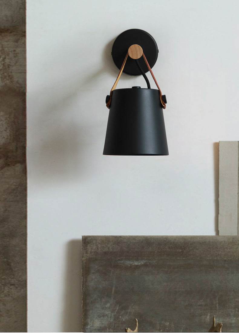 Industrial Sconce with Adjustable Cone Shade & Leather Strap for Bedroom Hallway Reading Task Lighting Wood Iron E27 Socket
