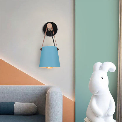 Industrial Sconce with Adjustable Cone Shade & Leather Strap for Bedroom Hallway Reading Task Lighting Wood Iron E27 Socket