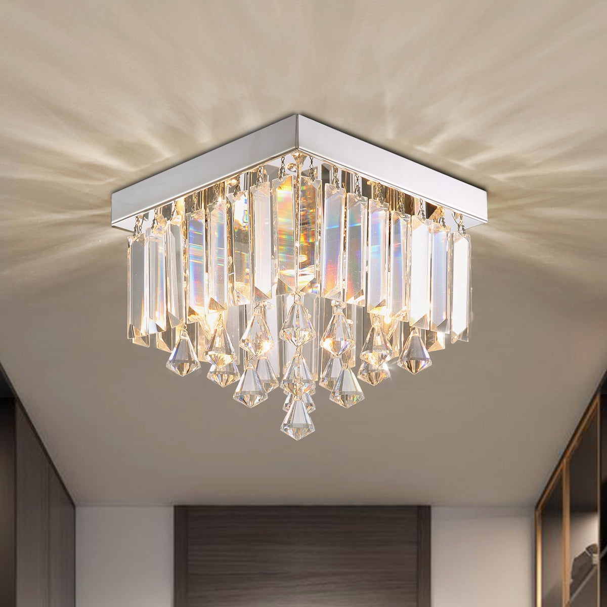 Sparkling Flush-Mount Light Fixture Chrome Finish 2-Bulb Candelabra Base for Dining Room Entryway Kitchen Bedroom Hallway