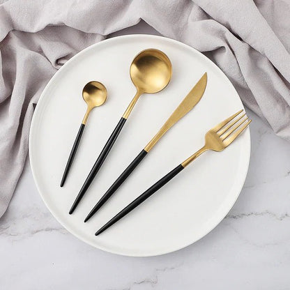 Modern 24-Piece Stainless Steel Dinnerware Set with Titanium Mirror Coating – Elegant Dinner Plates and Cutlery for Stylish Dining