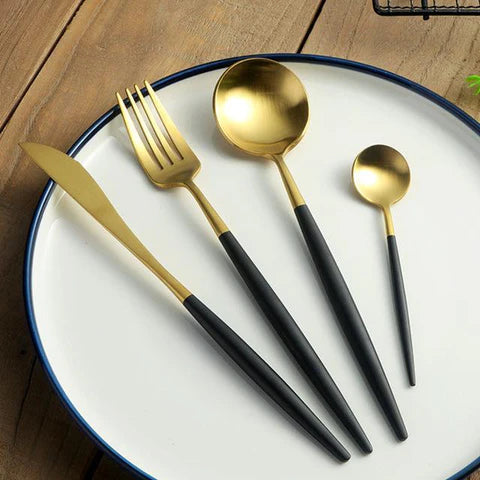 Modern 24-Piece Stainless Steel Dinnerware Set with Titanium Mirror Coating – Elegant Dinner Plates and Cutlery for Stylish Dining