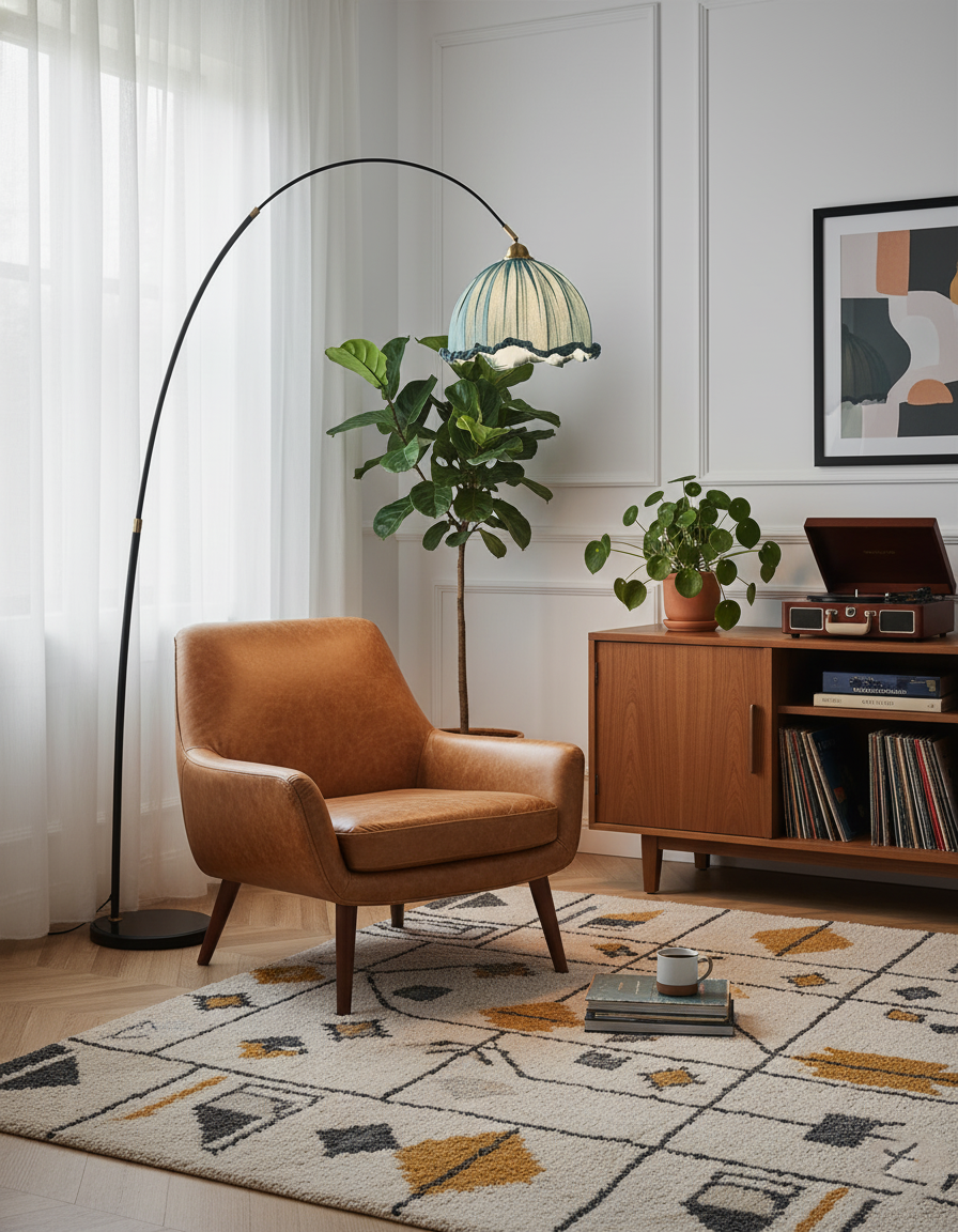 Modern Arc Floor Lamp with Fabric Shade & Black Metal Base | Elegant Lighting for Living Room