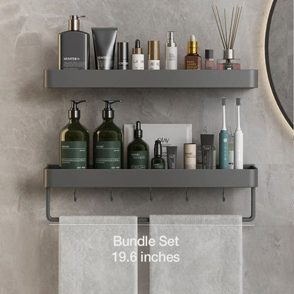 Modern Floating Bathroom Shelves with Self-Adhesive Mounting and Towel Holder – Stylish Storage Solution