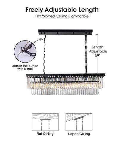 Rectangular Black Metal Crystal Chandelier with E12 Candelabra Sockets for Dining Room and Kitchen Island Lighting