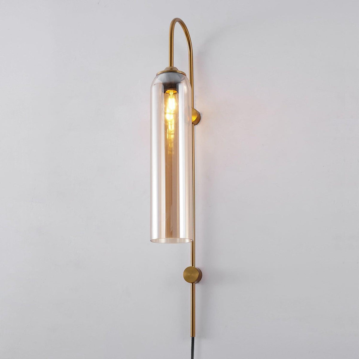 Cylindrical Glass Wall Sconce with 59 in Plug-In Cord for Bedrooms and Living Rooms | Modern Vertical Fixture Gold Metal Frame E27 Socket In