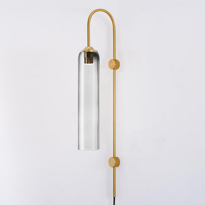 Cylindrical Glass Wall Sconce with 59 in Plug-In Cord for Bedrooms and Living Rooms | Modern Vertical Fixture Gold Metal Frame E27 Socket In
