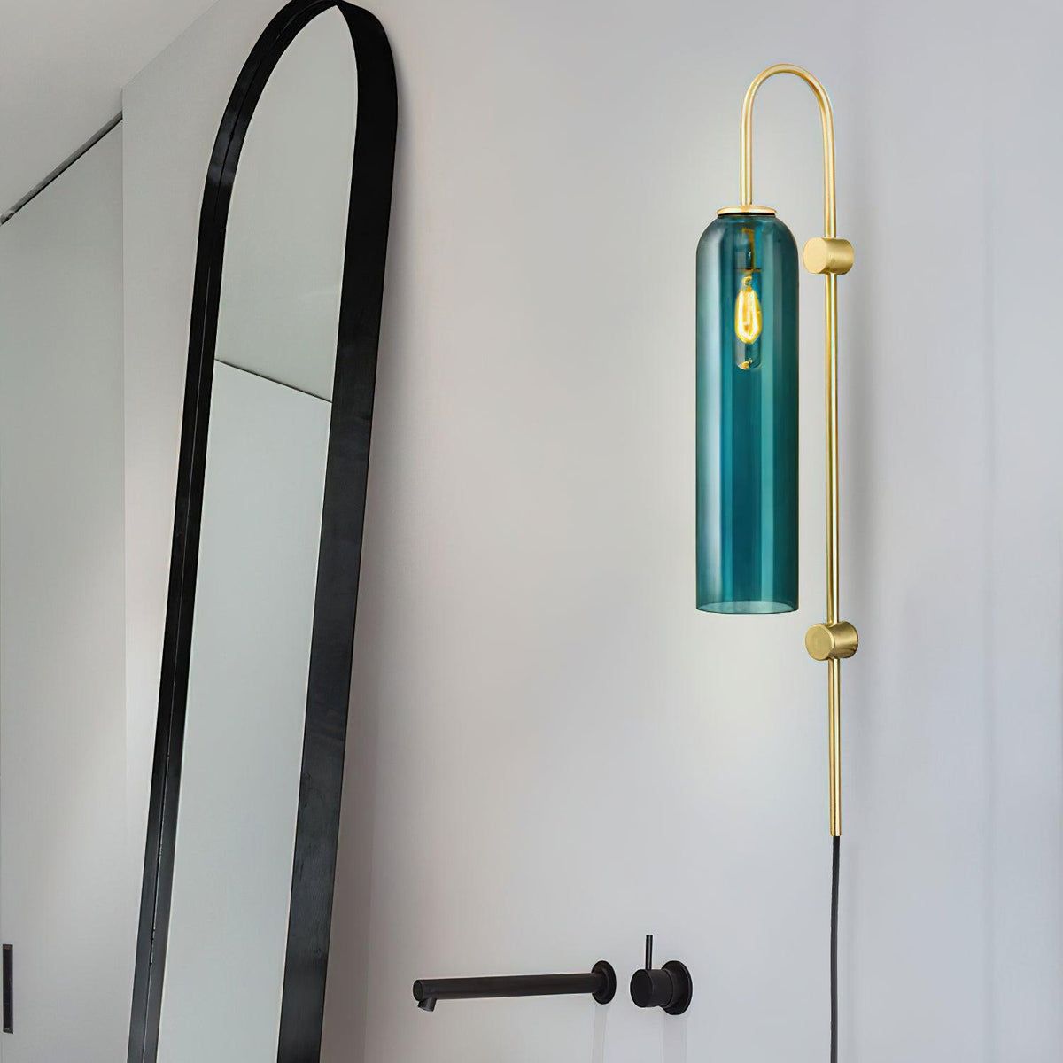 Cylindrical Glass Wall Sconce with 59 in Plug-In Cord for Bedrooms and Living Rooms | Modern Vertical Fixture Gold Metal Frame E27 Socket In