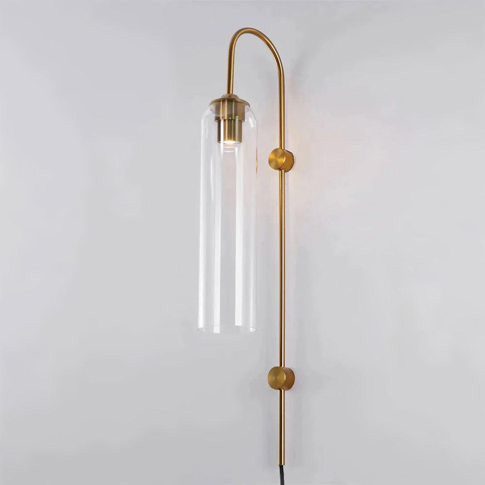 Cylindrical Glass Wall Sconce with 59 in Plug-In Cord for Bedrooms and Living Rooms | Modern Vertical Fixture Gold Metal Frame E27 Socket In